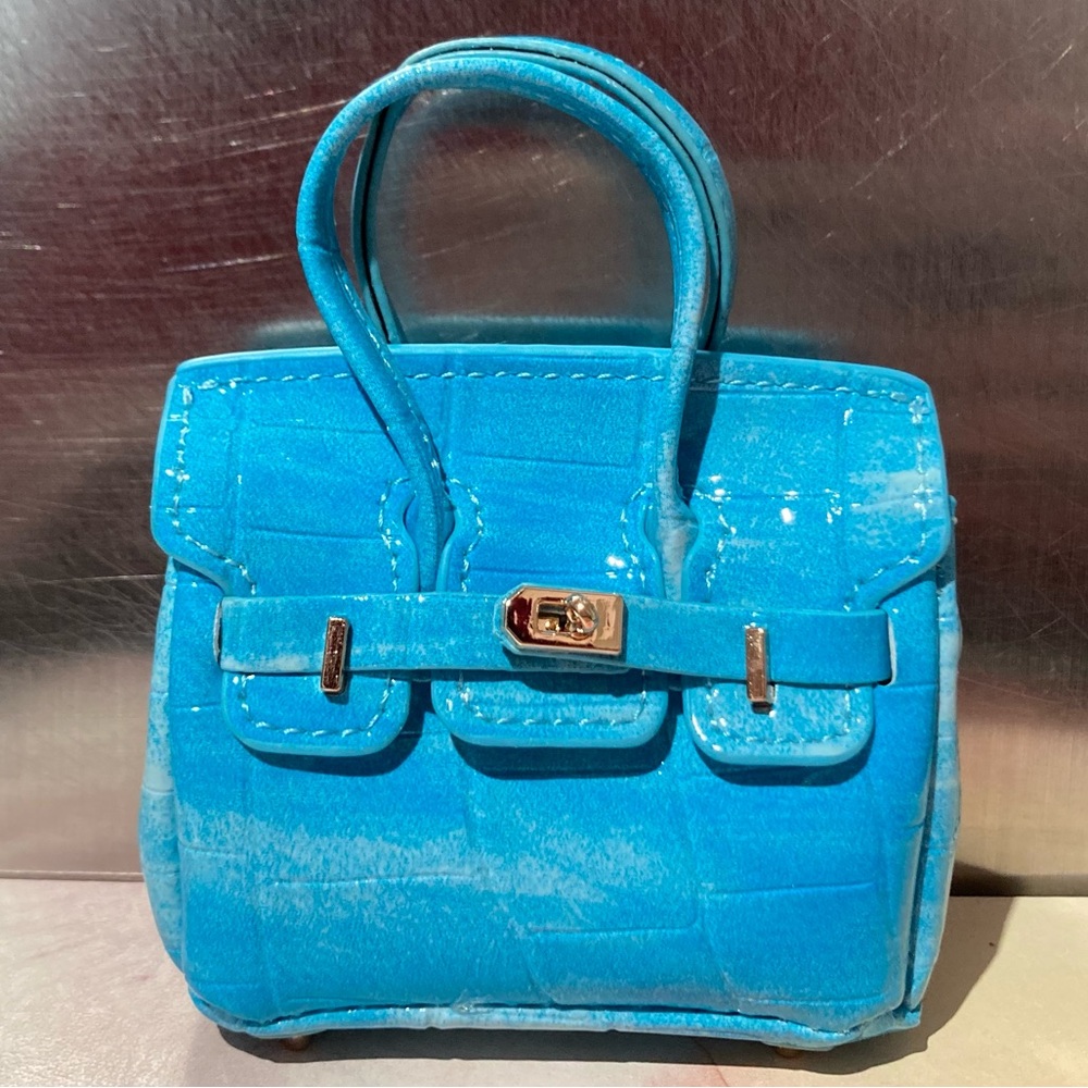 🐊👜 Handmade Mini Sky Blue Faux-Crocodile Birkin AirPods Tote Bag Charm Miniature
